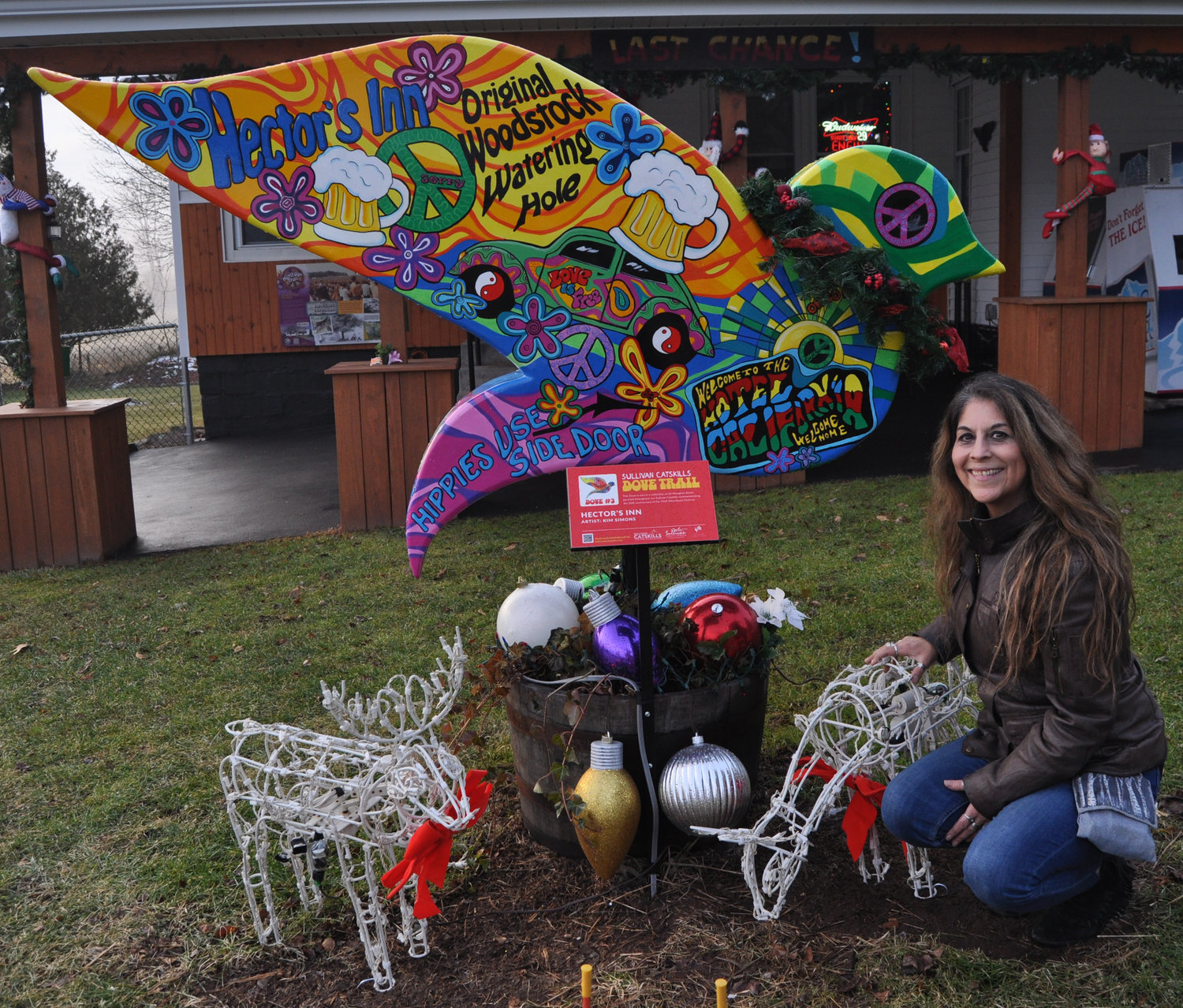 Local food artist Kim Simons at Hector’s Inn with the Peace Dove she created in Bethel, NY.